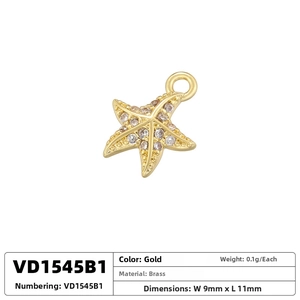 Detail of 9x11mm gold starfish pendant in brass with zircon inlay and product specs