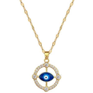 Elegant gold titanium steel necklace with a blue evil eye pendant and sparkling crystals