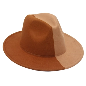 Two-tone camel and brown felt jazz fedora hat with wide brim for adults