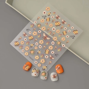 Cartoon flower and bee 3D embossed nail stickers FEB-843 with warm orange daisy designs