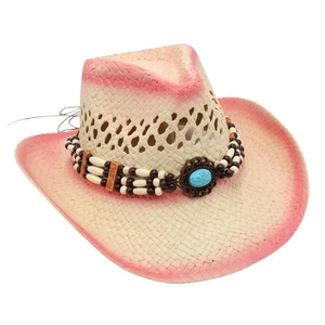 Detail of hand-woven straw cowboy hat with pink gradient edges and turquoise bead band