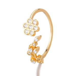 Adjustable gold flower ring with sparkling zircon stones in a vintage geometric style