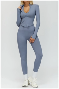 Détails de l'ensemble de yoga côtelé sans couture avec legging taille haute et veste