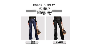 Detail view of high waist flare jeans in dark blue and black with multi-button closure