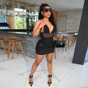 Sexy black mesh patchwork mini dress with deep V-neck and ruched side detail