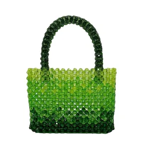Exquisite green gradient beaded acrylic handbag with high-quality handmade woven design