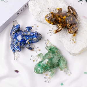 Three handmade resin frog figurines with colorful natural crystal chips and gold flakes