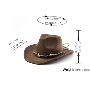Detailed dimension chart for dark brown suede cowboy hat with beaded trim and star badge