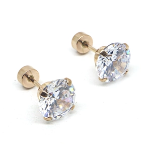 Boucles d'oreilles en acier inoxydable rose doré avec zircon rond en serti quatre griffes