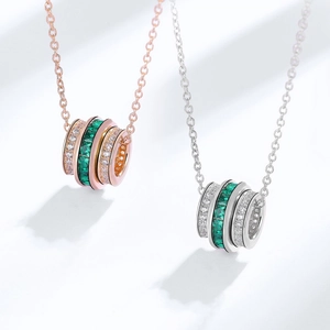 S925 silver emerald pendant necklace in rose gold and silver with sparkling white diamonds