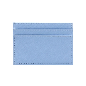 Close-up of light blue Saffiano leather card holder with three card slots and fine stitching