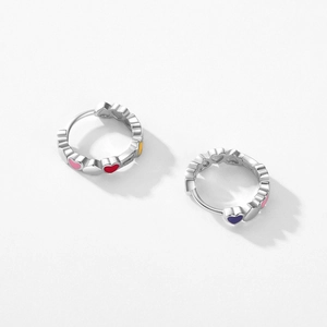 S925 sterling silver hoop earrings with colorful enamel hearts on white background