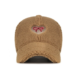 Winter women's khaki lamb wool baseball cap featuring heart and bow embroidery