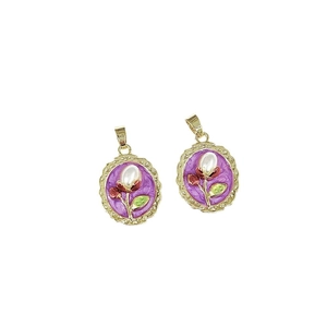 Baroque Monet garden style purple enamel flower pendant with pearl accent in gold frame