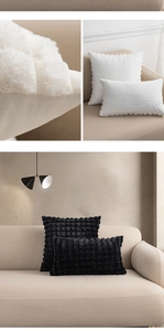 Detailed view of plush faux rabbit fur pillow with checkered quilting and ruffled edges