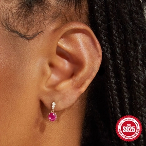 Elegant 925 sterling silver drop earrings with round red gemstone and white accents
