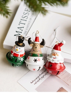 Detailed view of Christmas bell ornaments featuring resin Santa, reindeer, and snowman