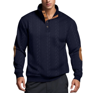 Detail of navy knit sweater with button collar and brown elbow patches on sleeves