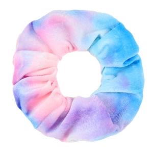 Velvet tie-dye scrunchie with pink blue and purple gradients on white background