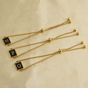 Adjustable 18K gold plated stainless steel square initial bracelets with black enamel charm