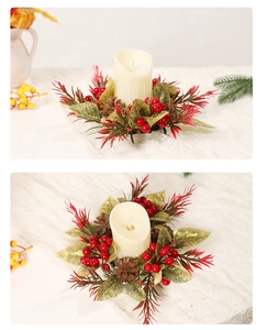 Close-up of Christmas candle ring with pine cones, red berries and ivory LED candle