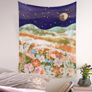 Artistic landscape tapestry with starry night sky and colorful flowers on bedroom wall