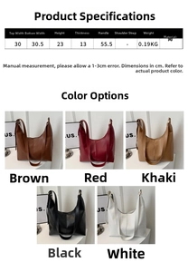 Detailed size specifications and color options for large vintage PU leather tote bag