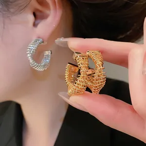 Twisted C Shaped Hoop Earrings Real Gold Plated Copper With Silver Earring Post Spiral Textured Fashion For Women