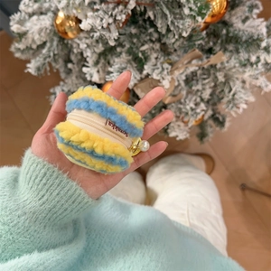 Cute striped plush macaron-shaped earphone pouch with golden pearl charm detail