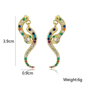 Detailed view of 18K gold-plated snake earrings with colorful zircon stones and dimensions