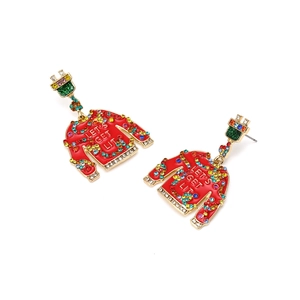 Detail of Christmas sweater earrings with multi-color rhinestones and Let's Get Lit text