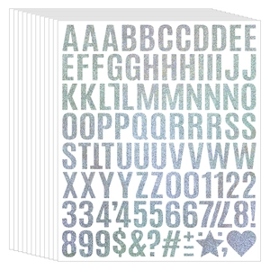 Stack of ten silver glitter alphabet and number stickers for scrapbooking and DIY crafts