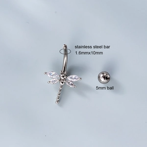 Silver dragonfly navel ring with micro-pave cubic zirconia on stainless steel bar