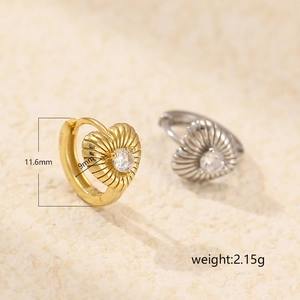 Vertical striped heart-shaped s925 silver hoop earrings with center crystal in gold and silver