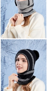 Detail of knitted winter balaclava with warm fleece lining and striped texture pattern