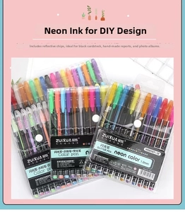 Close-up of 12-color glitter pen set with 1.0mm tips and reflective metallic ink
