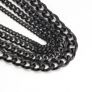 Detailed view of various black metal Cuban link chains in different thicknesses and styles
