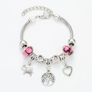 Silver snake chain bracelet with pink heart beads and tree of life elephant charms