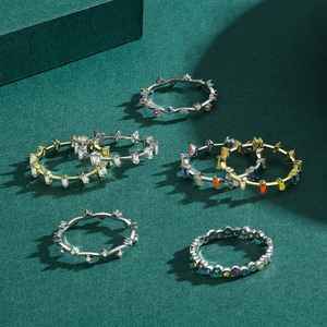 Collection of S925 silver rainbow rings with colorful zircons in gold and silver finish