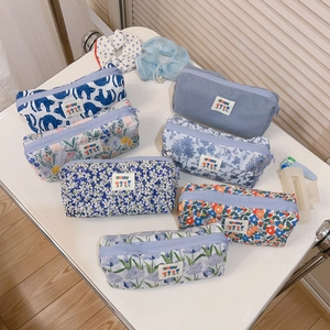 Floral Cotton Cosmetic Bag Portable Pencil Case Travel Makeup Pouch Zipper Storage Organizer For Girls Women Fresh Style