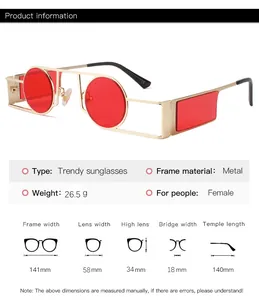 Detailed size chart for steampunk punk round sunglasses with red lenses and gold frame