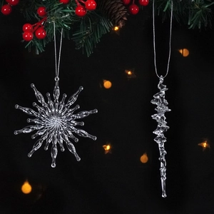 Decorazioni natalizie in acrilico trasparente con fiocchi di neve e ghiaccioli con cordini
