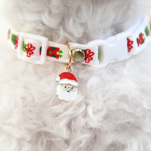 Detailed view of white Christmas pet collar with Santa pendant on a small fluffy dog