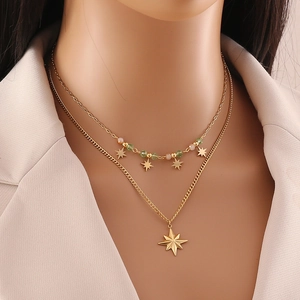 Double-layered gold stainless steel necklace with star pendants and colorful crystal beads