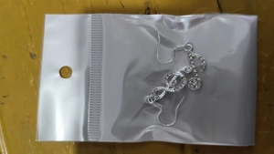 Detailansicht silberner Notenohrringe mit Kristallen in transparenter Tasche
