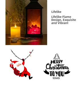 Detail of Christmas lantern with realistic flame effect and festive holiday greeting card