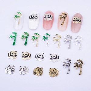 Panda and bamboo alloy nail art charms in gold, silver, and colorful enamel finishes