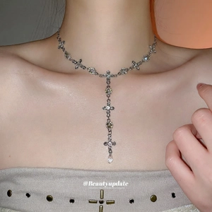 Cross Water Drop Pendant Necklace Alloy Rhinestone Crystal Y-Shaped Elegant Jewelry For Women Silver Tone