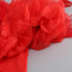 Close-up of red mesh pleats and delicate feather trim on a sexy bandage party dress