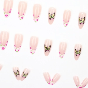 Long almond press-on nails with yellow-green butterfly and pink floral French design